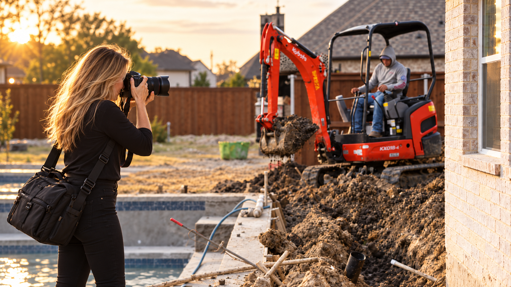 Photographer capturing an excavator operator during a jobsite content day at sunset