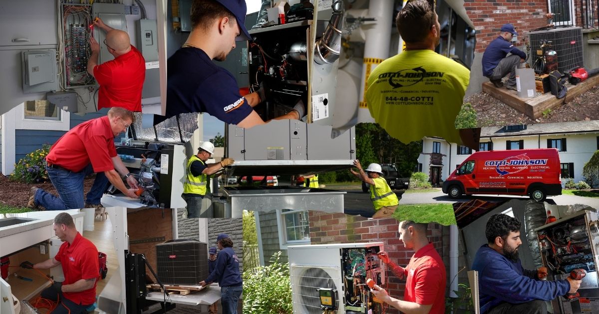 Collage of Cotti-Johnson technicians performing HVAC, plumbing, and electrical work