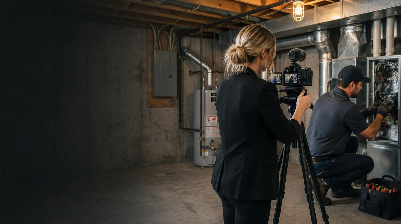 Content creator filming a technician at work in a home garage workshop