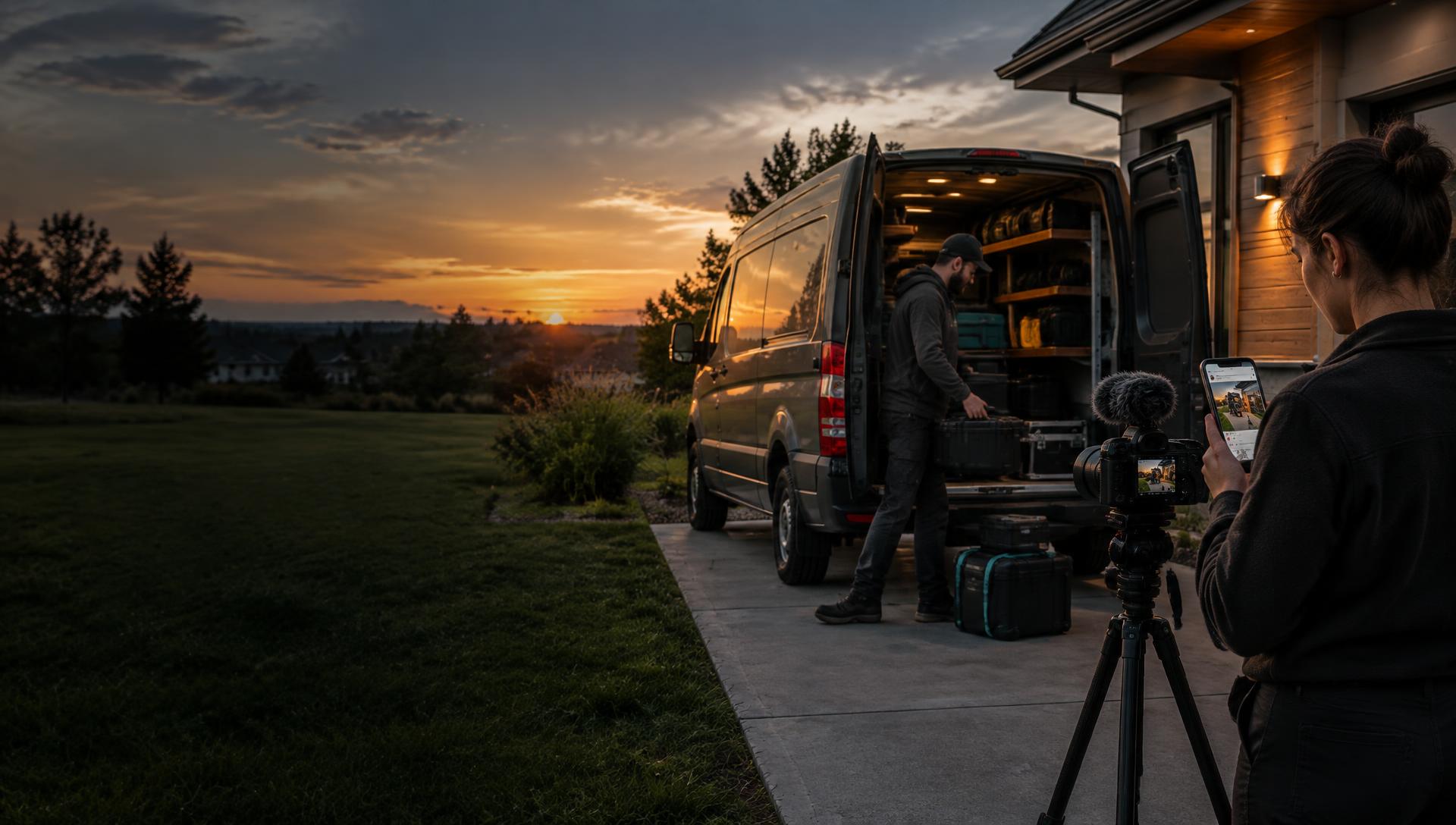 Content creator filming a service technician unloading a van at dusk