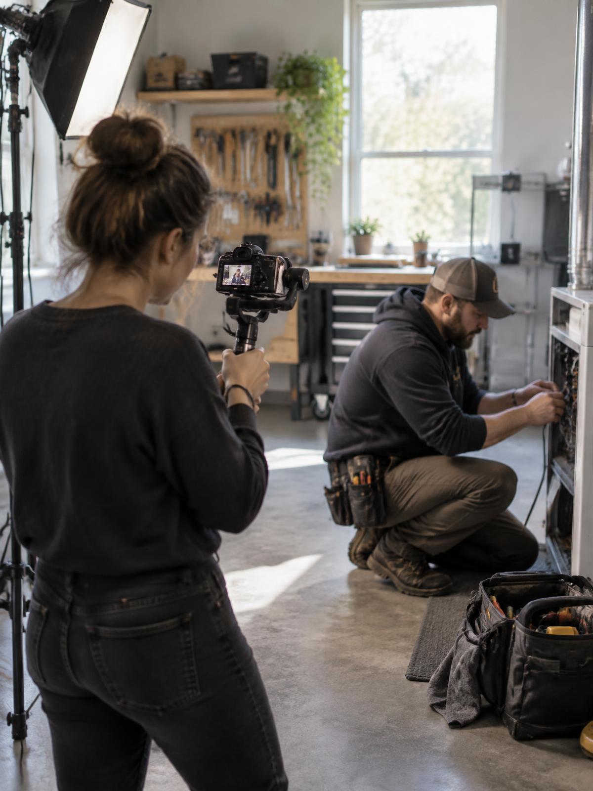 Content creator filming a technician working on HVAC equipment during a Content Day