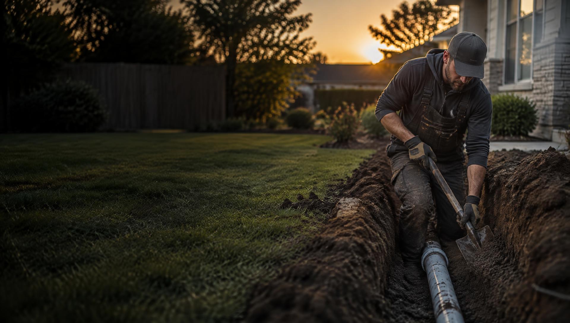 Plumber laying pipe in a yard trench at sunset
