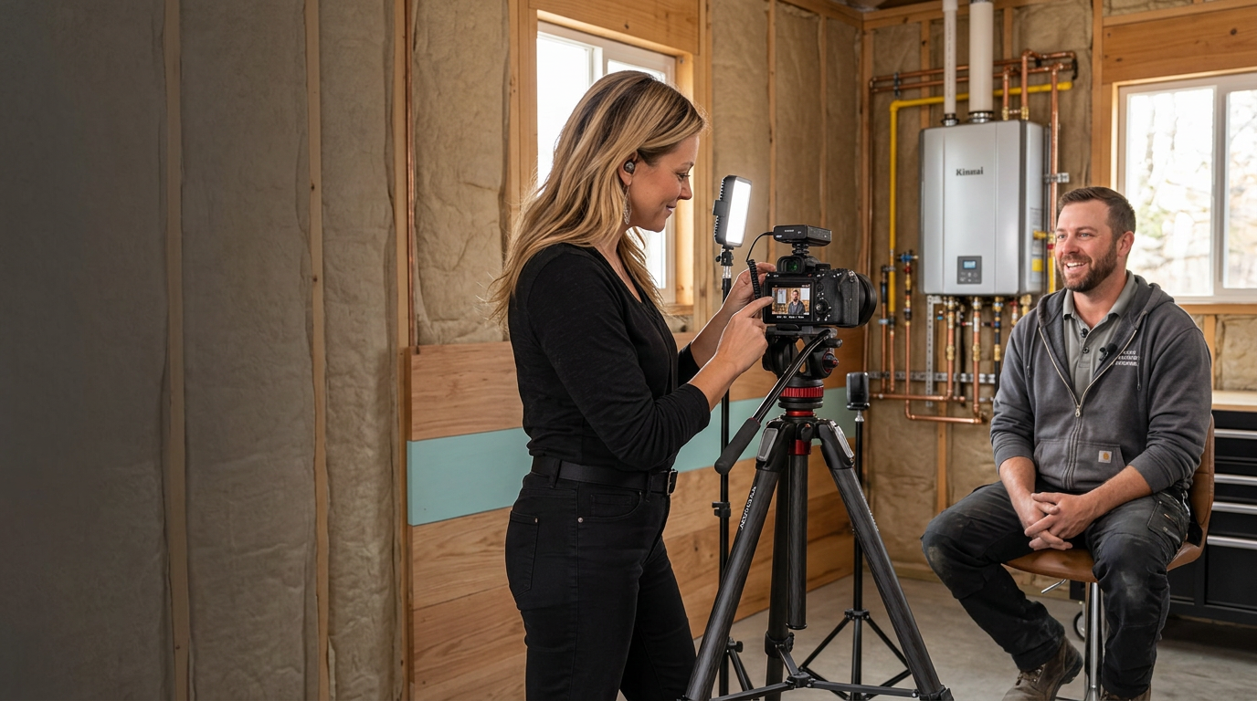 Jan Ruley filming an interview with a local home services business owner